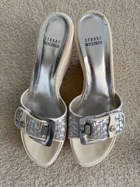 Stuart Weitzman White and Silver Woven Buckle Mules